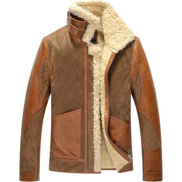 Mens Leather Bomber Jacket Warm Piolt Winter Shearling Jackets